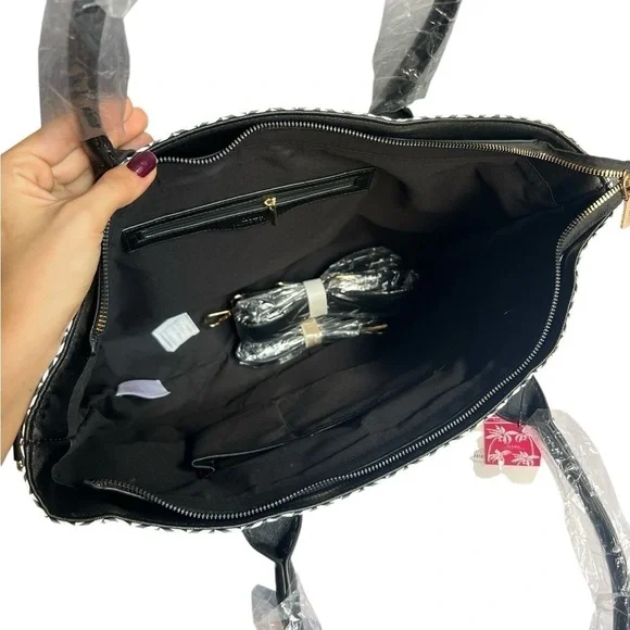 Trina Turk Black and White Zig Zag Tote with Detachable Shoulder Strap